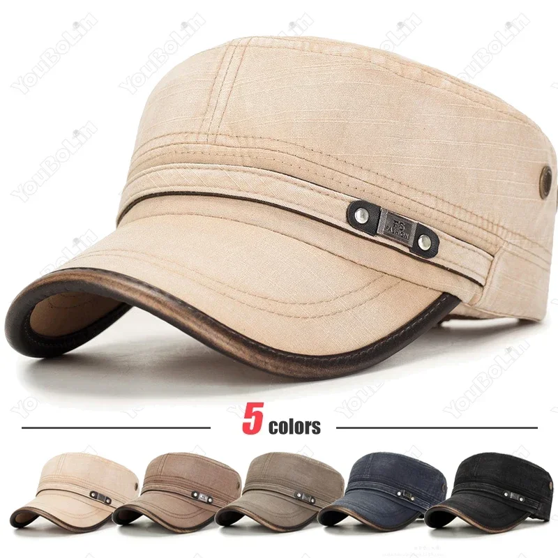 Dad Hat Cotton - Washed Distressed Faded Leather-Trimmed Flat Cap,Military